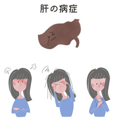五臓の肝の機能が低下した時に現れる症状を、若い女性で表現したイラスト