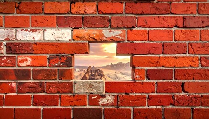 Brick wall with a hole showing a landscape