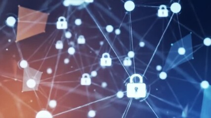 Dynamic network visualization with glowing interconnected nodes and digital padlock icons symbolizing secure data transfer and cybersecurity protection in a futuristic abstract concept. - Powered by Adobe