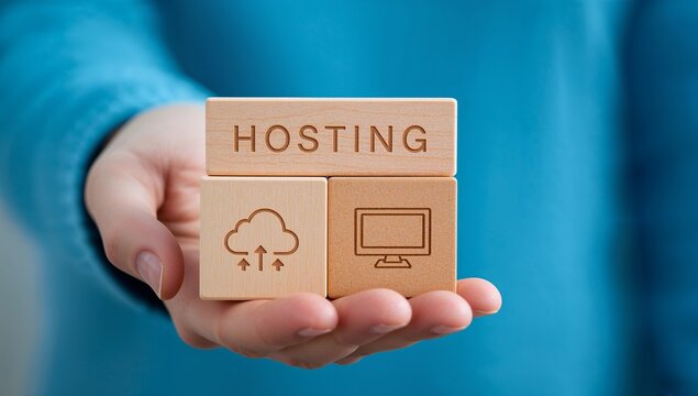 Concept of web hosting, domains name registration, internet technology. Man holding wooden blocks with icons and word: HOSTING. Internet database. business
