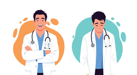Fototapeta premium Two doctors one happy and smiling the other sad and concerned standing against colorful backgrounds