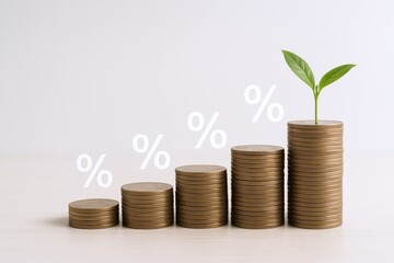Growing Investment: Stacked Coins with Sprout and Increasing Percentage Signs Representing Financial Growth