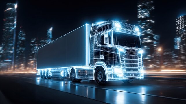 Futuristic Semi-Truck on Highway at Night with Digital Overlay for Modern Logistics and Transportation