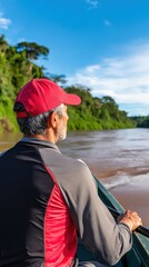 Mature Man Navigating River in Amazon Rainforest by Boat, Enjoying Nature and Travel Adventure