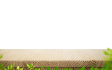 Wooden table top with tree leaf in foreground.