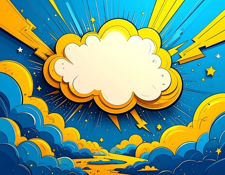A stylized comic book explosion cloud, yellow and blue, set against a night sky with stars and lightning bolts