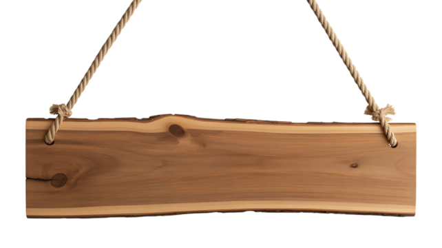 Rustic live edge wood sign hanging by rope for rustic decor and outdoor signage isolated on transparent background