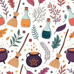 cozy autumn magic: cute witchy items and foliage pattern