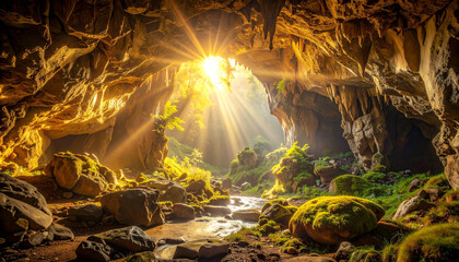 Obraz premium Sunlight streams into a mossy cave, illuminating rocks and lush greenery.