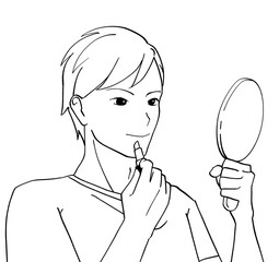 口紅を塗る男性の白黒イラスト