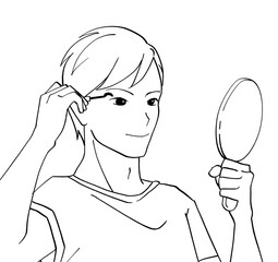 マスカラを塗る男性の白黒イラスト