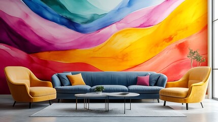 Vibrant abstract mural design brings bold color and modern style to living space