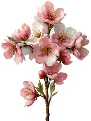 Fototapeta premium A delicate branch displays pink and white almond blossoms in a watercolor painting on a white background.