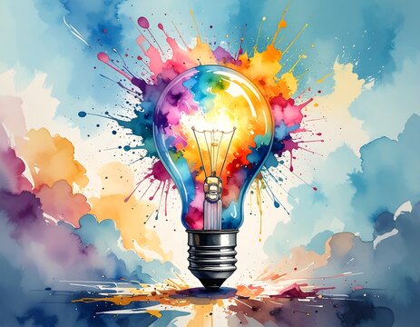 A vibrant lightbulb explodes with colorful watercolor paint splatters, symbolizing creative energy