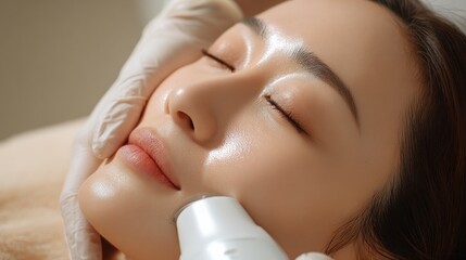 Close-up of aesthetician performing facial treatment on young Asian woman for skincare and beauty