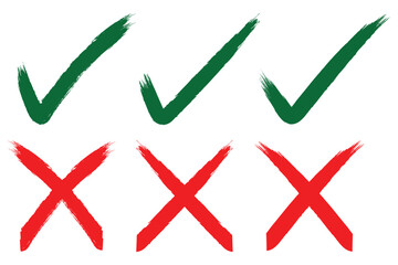 Check mark or tick mark and cross with brush signs, green check mark/OK and red X icons, symbols YES and NO button for vote, decision, election choice - vector. gunge brush checkmark eps 10.