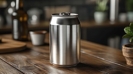 Close-up of a metal can with open pull tab on a wooden surface with blurred background