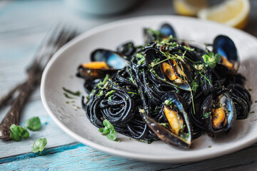 Delicious black spaghetti with mussels and fresh herbs