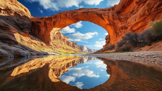Stunning natural sandstone arch formation reflected in a calm river under a bright blue sky with scattered clouds, showcasing the breathtaking beauty and unique geological wonders of desert landscapes