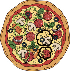 Fresh round pizza with tomato, cheese, olive, sausage, onion, basil. Traditional Italian fast food. Top view meal. Vector illustration