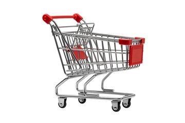 Miniature shopping cart with red handle and accents represents retail and commerce isolated on transparent background