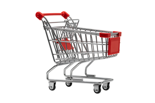Miniature shopping cart with red handle and accents represents retail and commerce isolated on transparent background