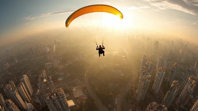 Soaring Above the City: A paraglider gracefully navigates the urban landscape, their colorful canopy contrasting against the towering buildings below, framed by a breathtaking aerial perspective. 
