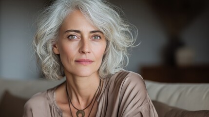 Elegant Mature Woman with Natural Gray Hair, Confident Expression, Representing Aging Gracefully and Ageless Beauty