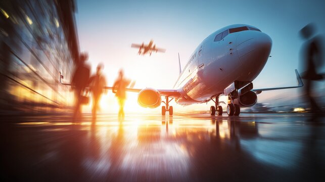 Airplane Awaiting Passengers on the Tarmac with Sunburst, Business Travel, and Modern Transportation