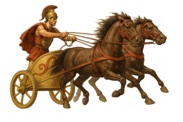Greek warrior driving chariot with two horses