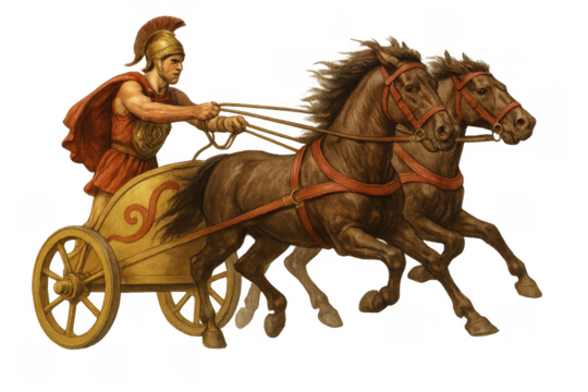 Greek warrior driving chariot with two horses