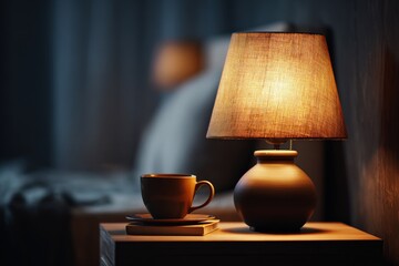 Cozy Nightstand Scene with Warm Lamp, Cup and Bed in Background for Relaxation and Comfort