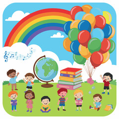 vector concept for colorful illustration of children with rainbow, globe, books, and balloons on green field for education and learning