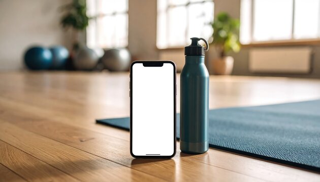 Phone Mockup  Water Bottle on Yoga Mat  Workout Studio.