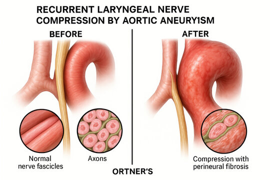 Recurrent Laryngeal Nerve Compression by Aortic Aneurysm (Ortner's Syndrome) - Before and After Illustration