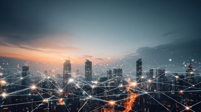A futuristic city skyline connected by digital networks, showcasing the integration of technology and urban life at sunset.