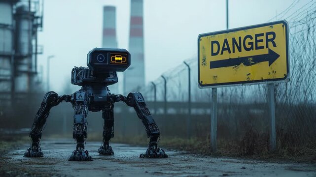 A futuristic quadruped robot stands near a danger sign by an industrial fence, symbolizing technology, artificial intelligence, robotics, security, uncertain relationship between progress and risk.