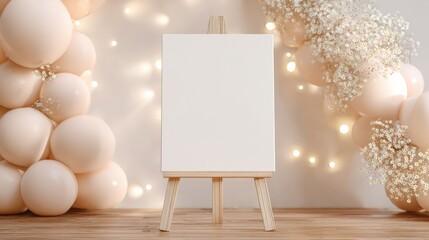 Elegant Blank Canvas Easel Display Mockup with Balloons and Floral Garland for Celebrations