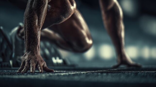Sprinter poised at the starting line ready for action, symbolizing determination, athleticism, and explosive power - Powered by Adobe