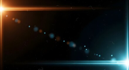 Obraz premium Retro film overlay texture on a black background. Features organic light leak flares in orange and cyan, subtle film grain, scattered dust scratches, and a distressed, slightly blurred texture. Authen