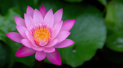 Obraz premium Close-up of Vibrant Pink Lotus Flower with Yellow Center, Surrounded by Green Leaves in Soft Lighting