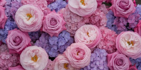 Abundant arrangement of pink roses and purple hydrangeas filling the frame