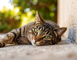 A tabby cat rests on a stone surface, gazing directly at the viewer
