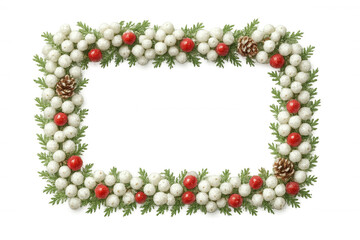 Christmas holiday rectangle frame with pinecones, red berries and evergreen branches on transparent background