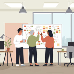 Vector Illustration of Three People Collaborating in Office with Whiteboard in Modern Minimalist Style Featuring Charts and Diagrams Bright Color Palette for Business and Teamwork