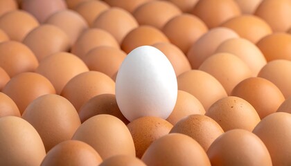 Single white egg amongst many brown