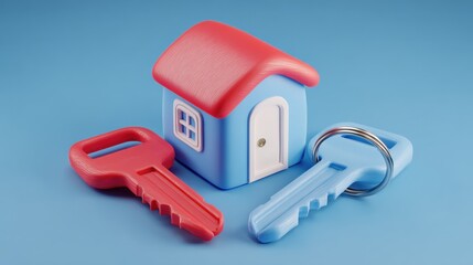 Home Ownership Concept: Charming Miniature House with Keys on a Blue Background, Representing Property Investment