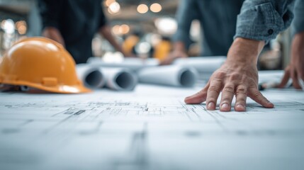 Construction Blueprint Review: Engineers Analyzing Project Plans with Hardhat for Building and Infrastructure Development