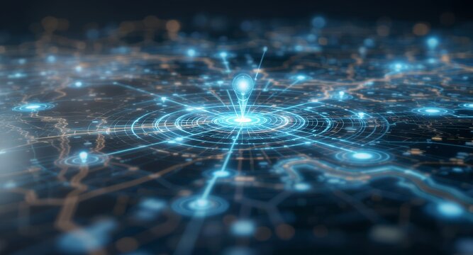 Digital Map Interface with Glowing Lines and Symbols - Powered by Adobe