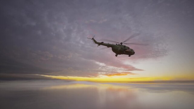 Military Transport Helicopter Flying Low Over Water At Sunset Or Sunrise